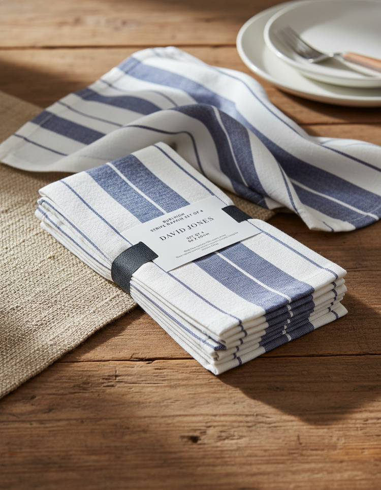 A stack of neatly folded David Jones Table Napkins in white and blue stripes rests on a wooden table beside a beige placemat, with plates and cutlery in the background.