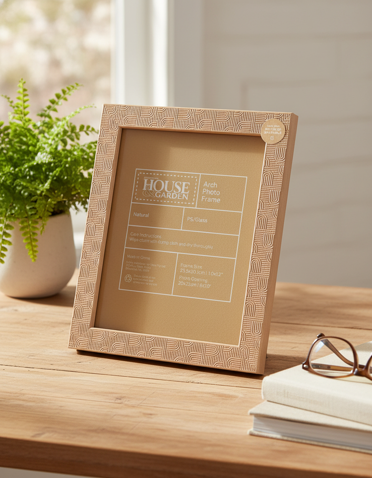 The Arch Photo Frame by Australian House & Garden, featuring a geometric design, is shown on a wooden table near a potted plant and stacked books, with sunlight streaming through a window in the background.