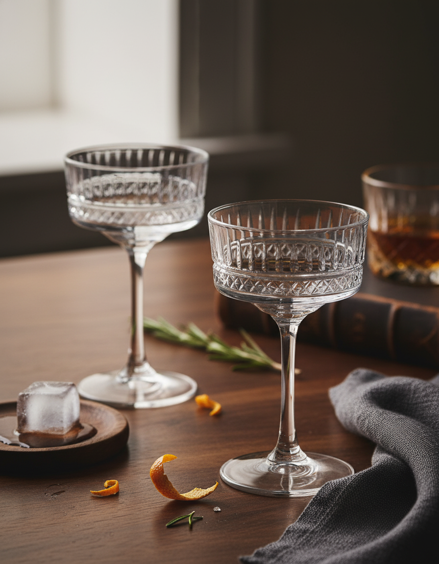 Two Maxwell and Williams Coupe Glasses Set of Two on a wooden table with an ice cube, orange peel, and rosemary; in the background are a book, a drink in a tumbler, and a gray cloth.