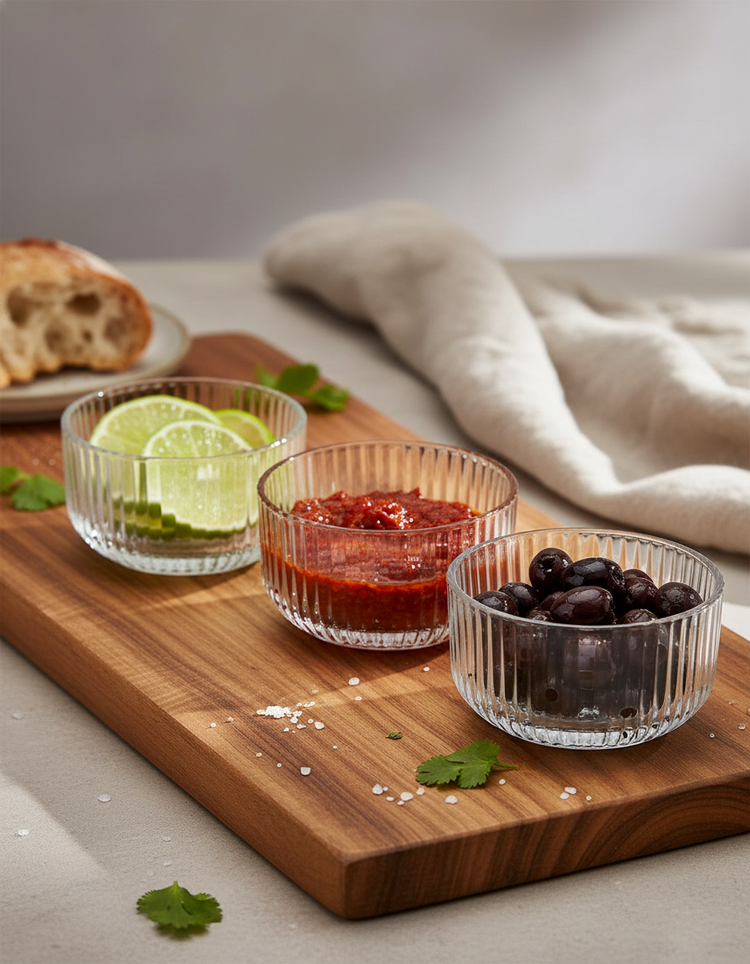 The Salt & Pepper Ogin 3 Bowls set, displayed on a wooden board, holds lime wedges, red salsa, and black olives. Also shown: cilantro sprig, coarse salt, bread slice, and a beige cloth in the background.