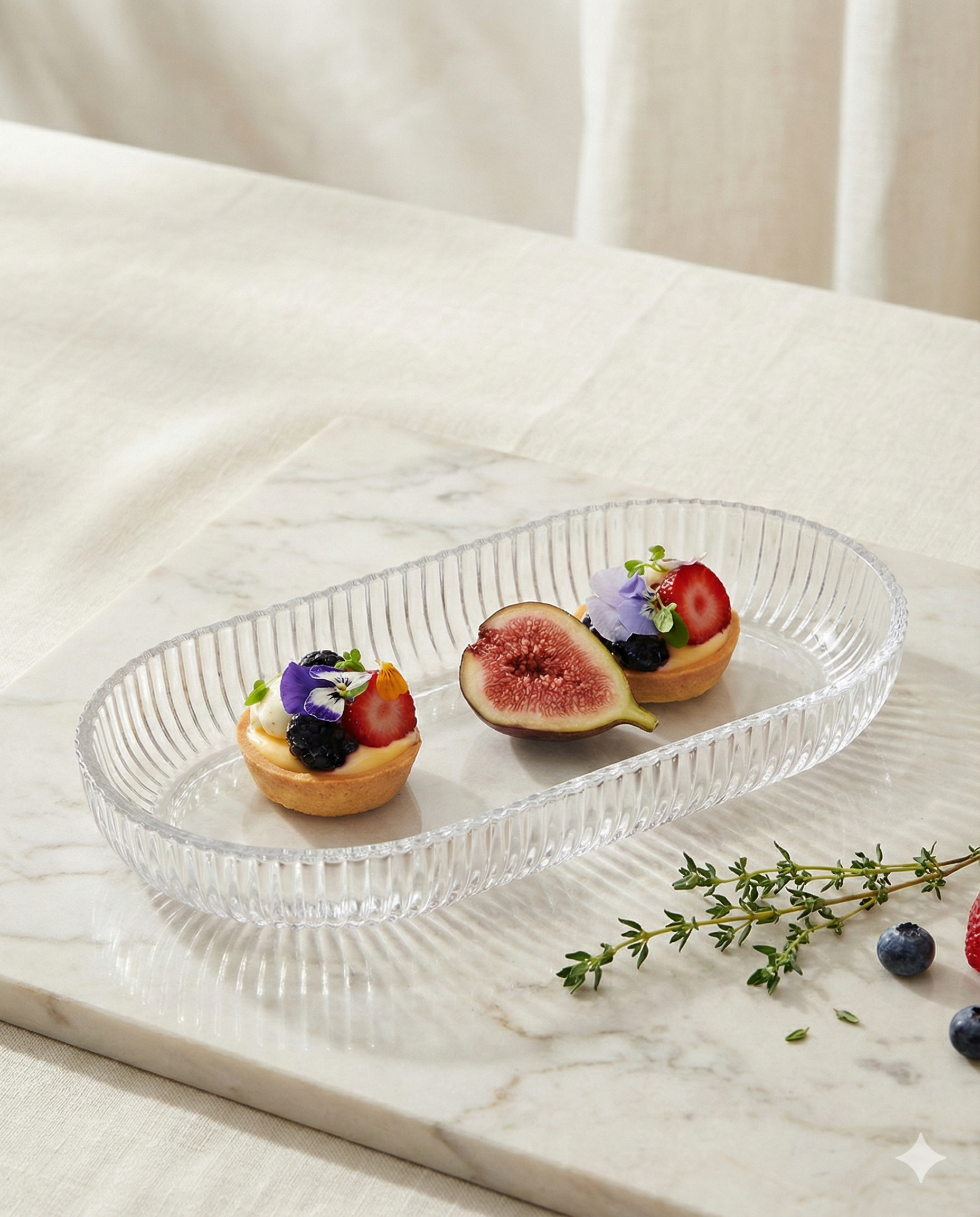 On a marble surface, the Salt & Pepper Ogin Platter holds two berry and flower-topped fruit tarts with a halved fig; thyme sprigs and blueberries are scattered nearby.