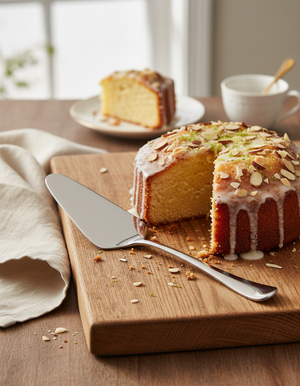 A round glazed cake topped with sliced almonds sits on a wooden board, one slice removed. The Maxwell and Williams Madison Cake Server rests nearby. In the background, a plate with cake and a cup are on the table.