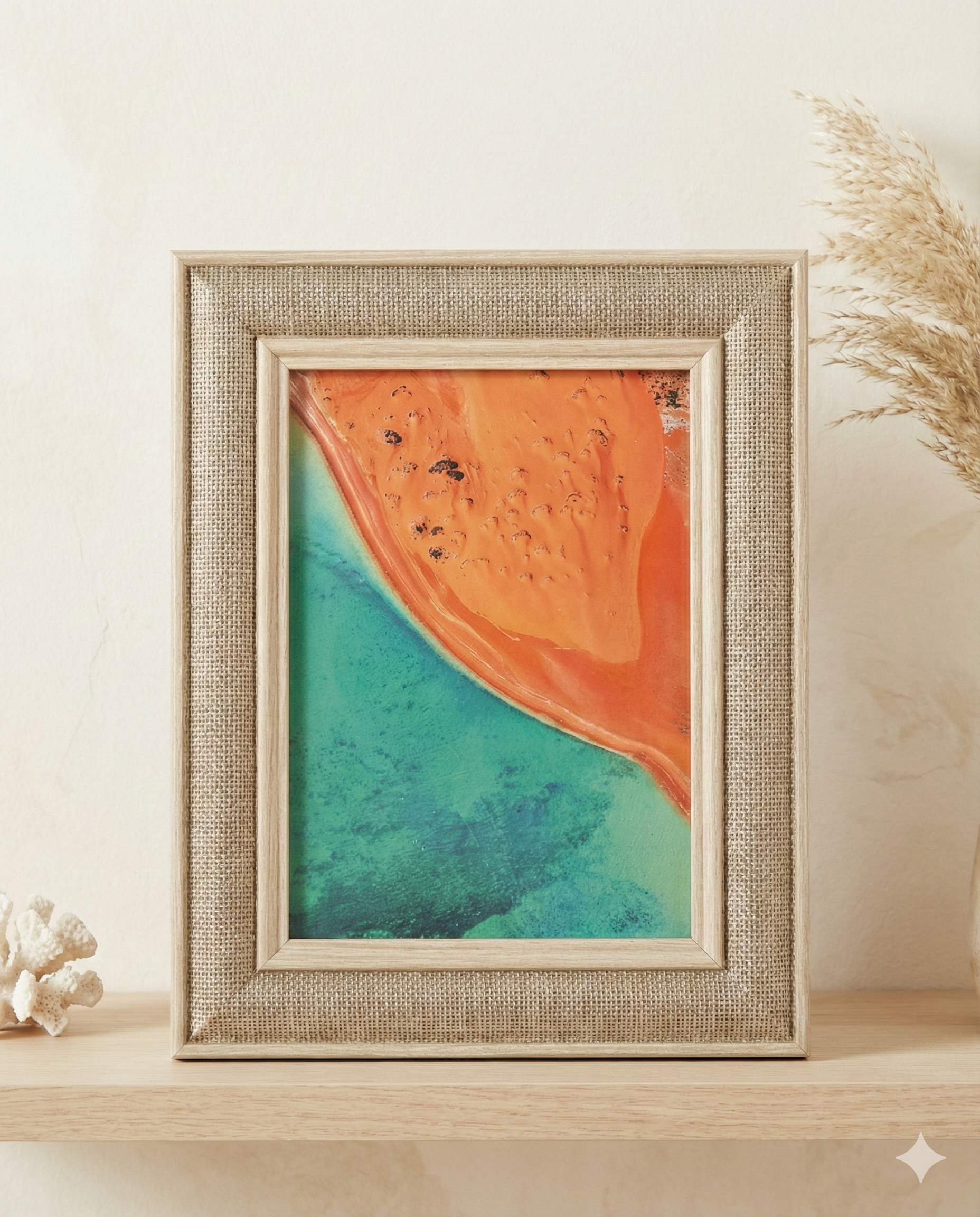 The Australian House & Garden Linen Look Photo Frame showcases an aerial coastline photo, featuring vivid orange land meeting turquoise water, styled on a shelf with decorative coral and dried grass in the background.