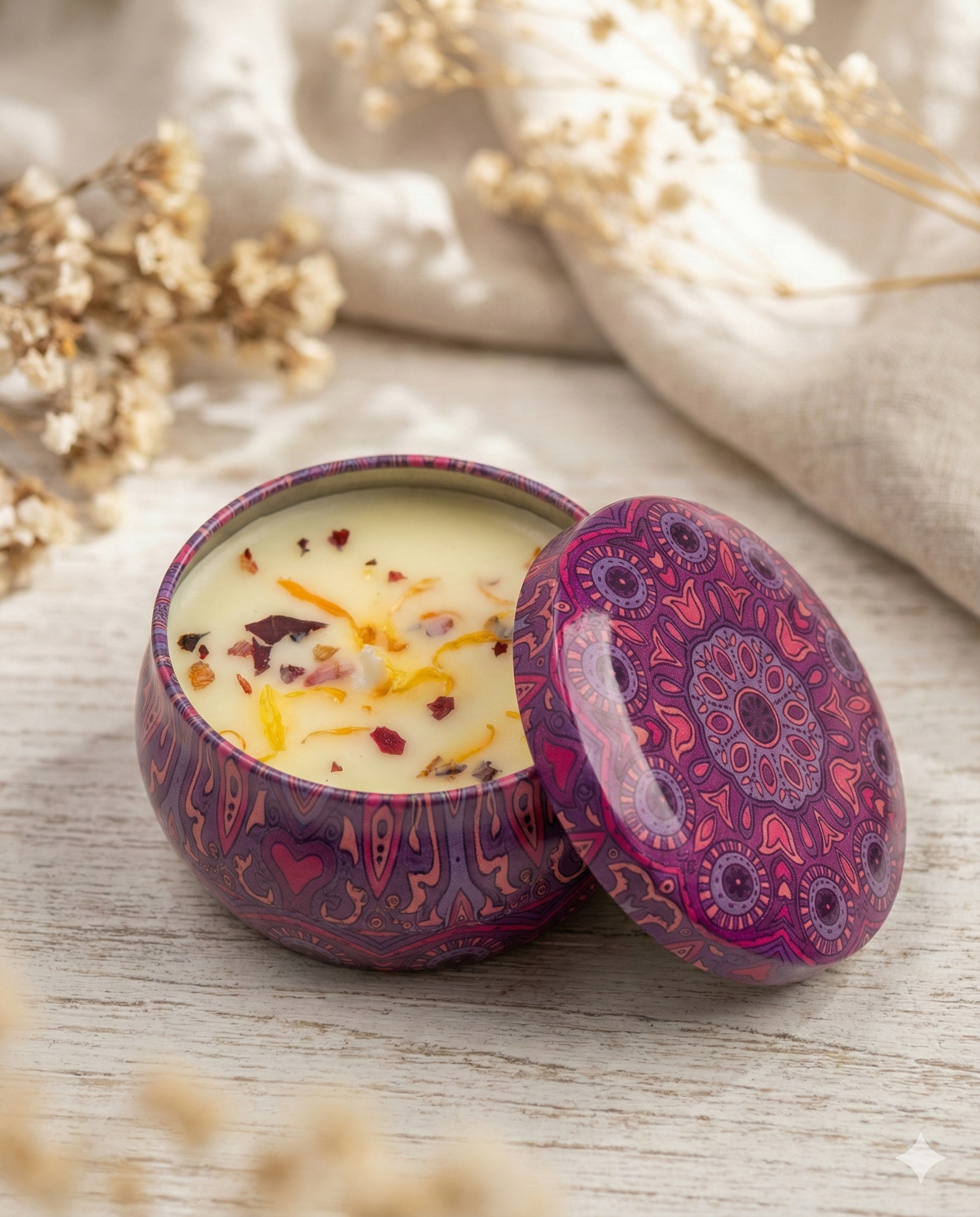 The Gifting Studio Scented Candle with Dried Flowers, featuring a purple mandala decorative tin, is shown partially opened on a light wooden surface, topped with dried flower petals and surrounded by beige fabric and dried flowers.
