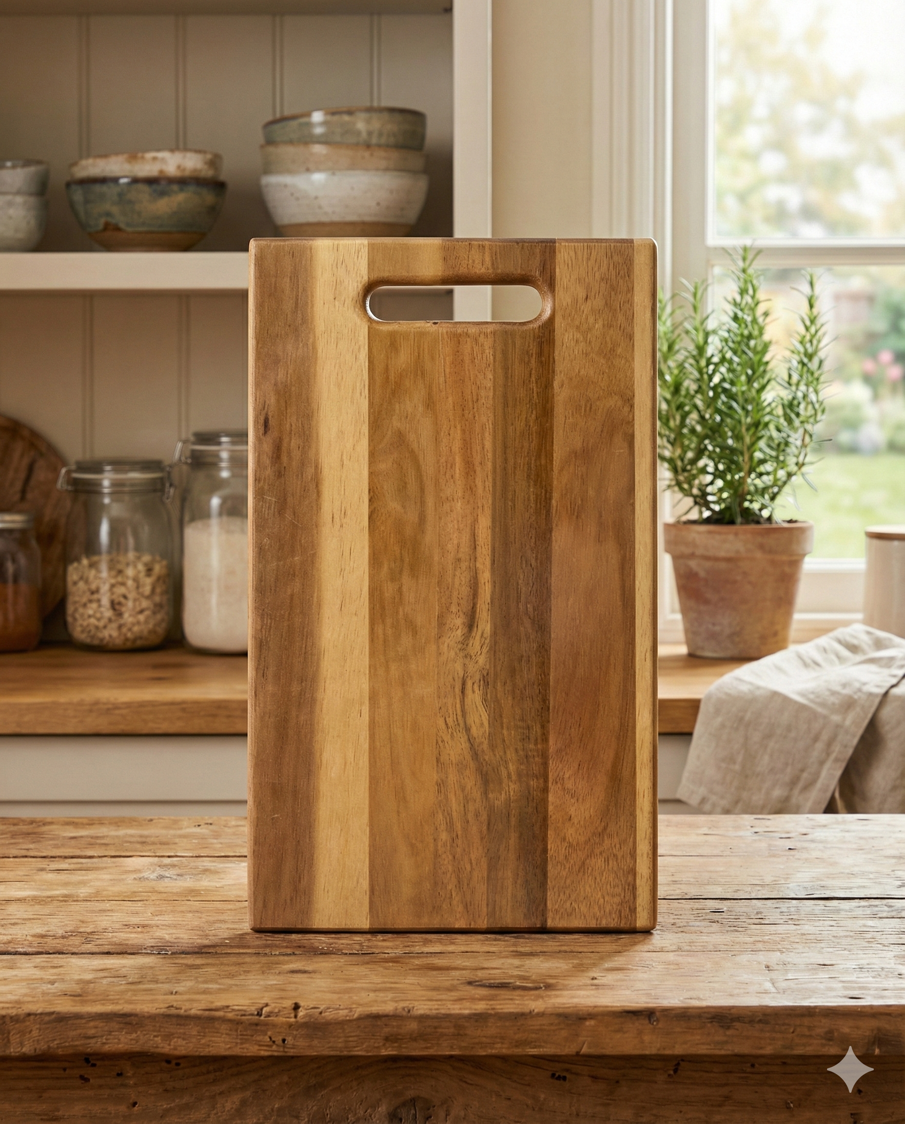 A Willow and Hart Serving Board (Rectangular) stands upright on a rustic kitchen countertop, with jars, bowls, and potted plants in the background near a window.