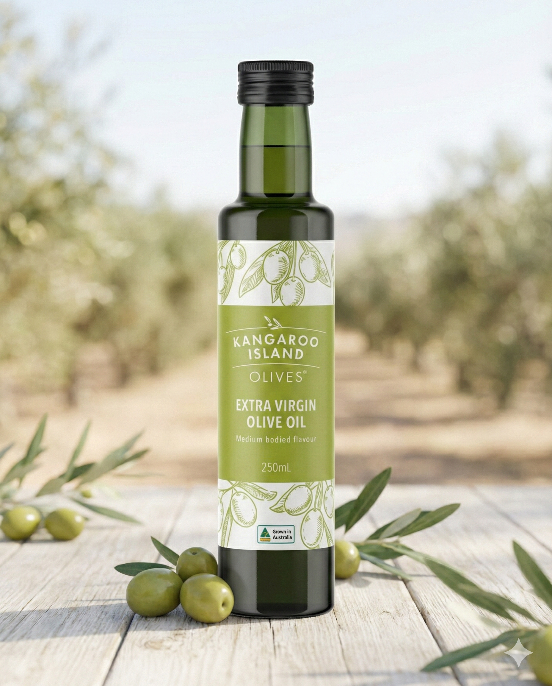 A bottle of Kangaroo Island Extra Virgin Olive Oil is displayed on wood with fresh green olives and olive branches, set before a softly blurred olive grove backdrop.