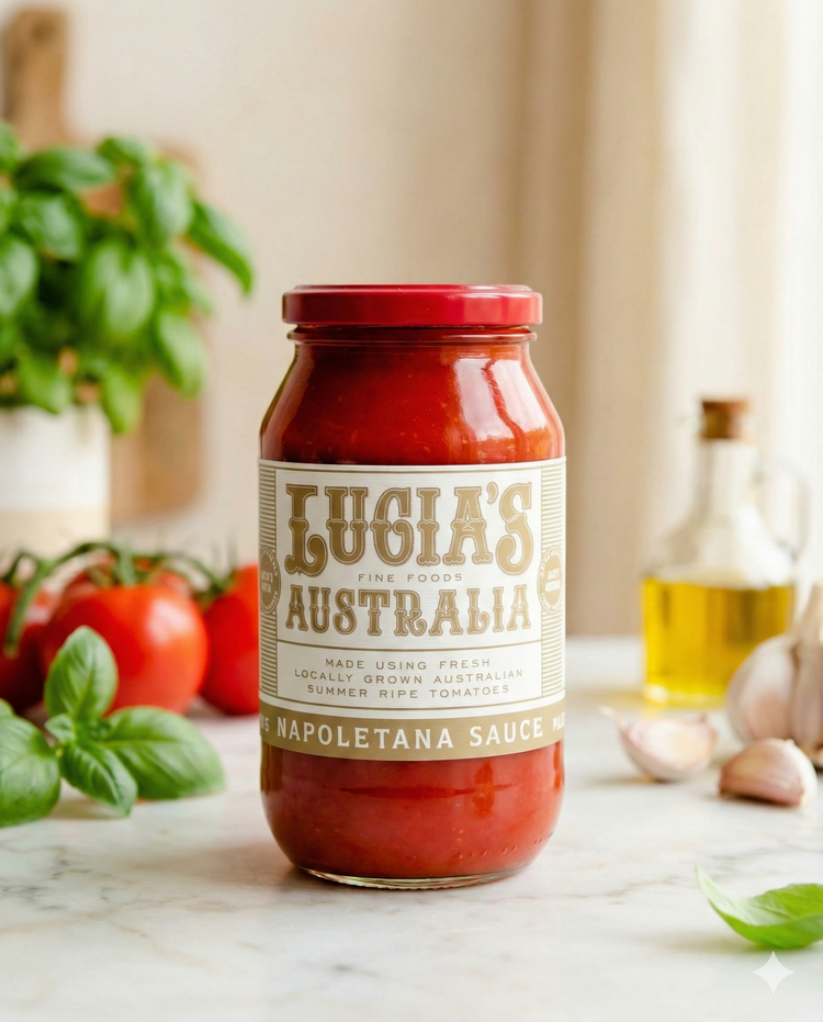 A jar of Lucia's Napoletana Sauce is on a table with fresh basil, tomatoes, garlic, and olive oil nearby, set against a bright and airy kitchen background.