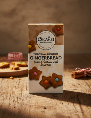 A box of Charlie's Gingerbread Spiced Cookies with Smarties rests on a wooden surface, surrounded by cookies and cinnamon sticks in the background.