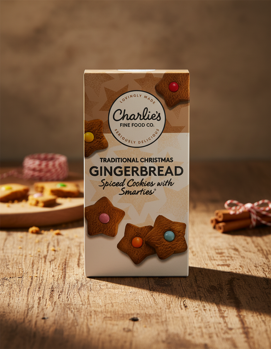 A box of Charlie's Gingerbread Spiced Cookies with Smarties rests on a wooden surface, surrounded by cookies and cinnamon sticks in the background.