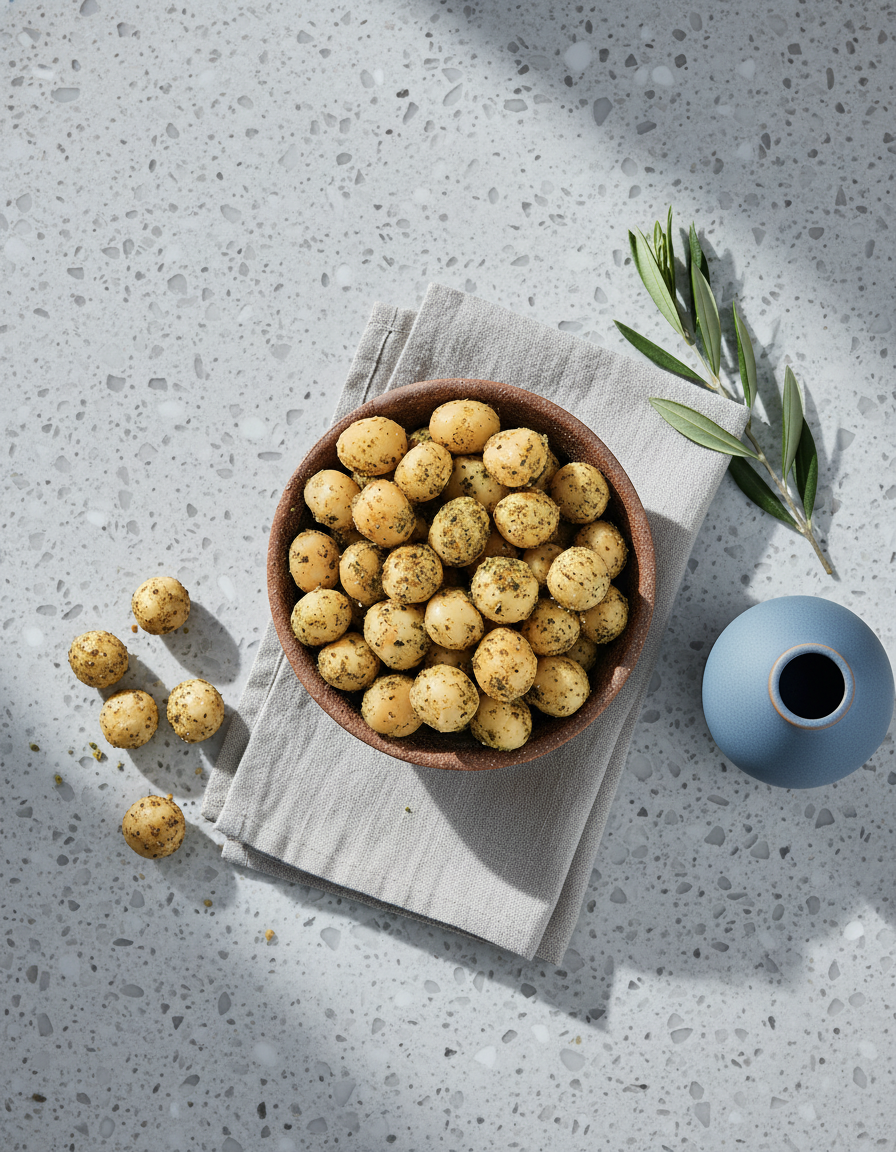 A bowl of Brookfarm Oven Roasted Macadamias sits on a folded beige napkin, with a few nuts scattered nearby. A small olive branch and a blue vase are arranged beside the bowl on a light speckled surface.