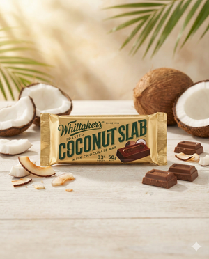 A Whittaker Coconut Slab bar rests on a wooden surface, surrounded by coconut pieces and chocolate squares, with halved coconuts and palm leaves in the background.