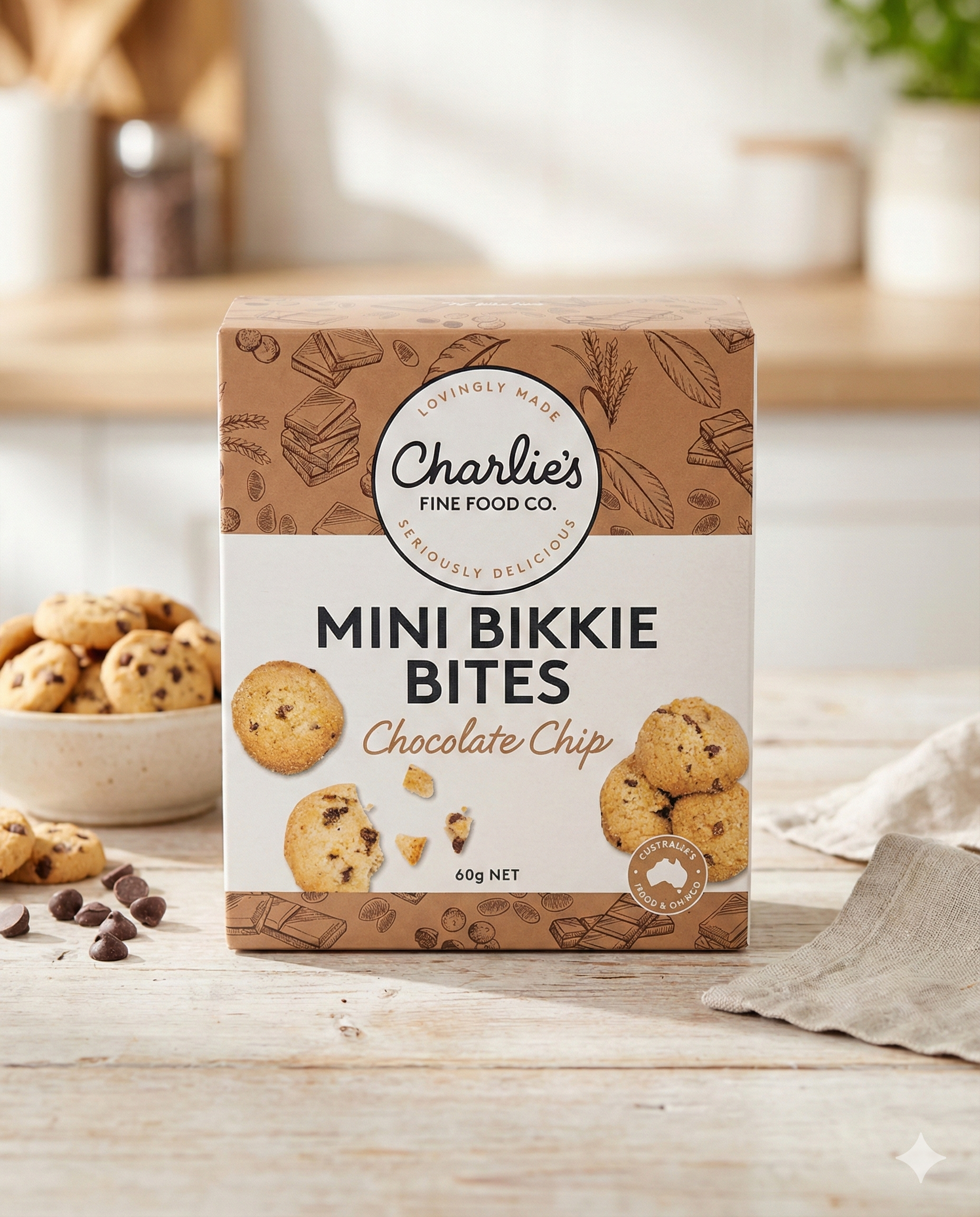A box of Charlie's Chocolate Chips Mini Bikkie Bites sits on a kitchen counter with a bowl of cookies, scattered chocolate chips, and a napkin in the background.