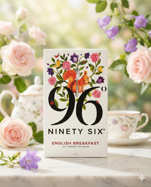 A box of 96 Degrees English Breakfast Tea sits on a marble table with pink roses, a floral teapot, and a teacup. The tea box displays a squirrel and floral design on the front.