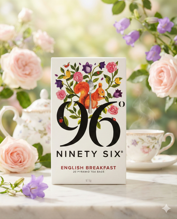 A box of 96 Degrees English Breakfast Tea sits on a marble table with pink roses, a floral teapot, and a teacup. The tea box displays a squirrel and floral design on the front.