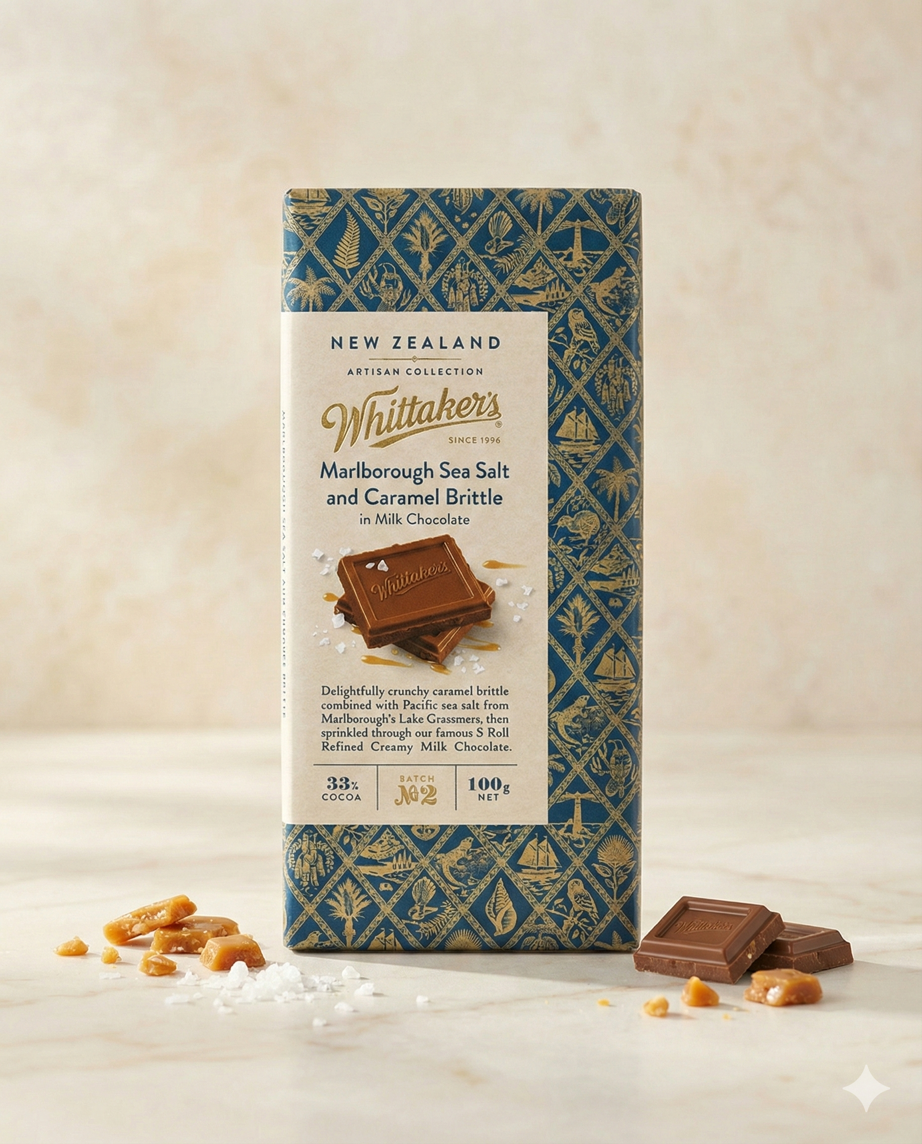 A Whittaker Marlborough Sea Salt and Caramel Brittle bar stands upright on a light surface, surrounded by chocolate pieces, caramel brittle, and sea salt. The blue wrapper features gold geometric patterns.