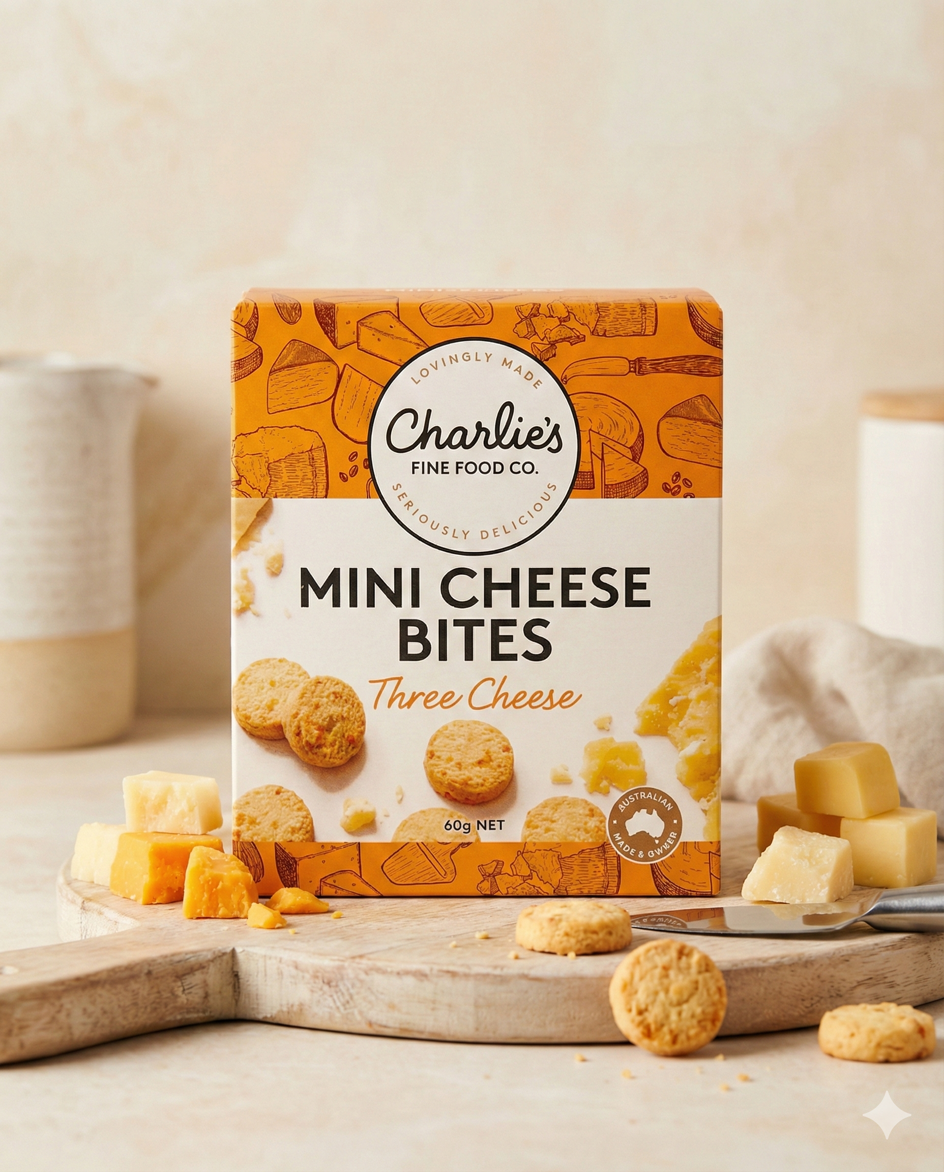 A box of Charlie’s Three Cheese Mini Cheese Bites rests on a wooden board, surrounded by cheese cubes and round crackers, set against a light, neutral backdrop.