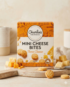 A box of Charlie’s Three Cheese Mini Cheese Bites rests on a wooden board, surrounded by cheese cubes and round crackers, set against a light, neutral backdrop.