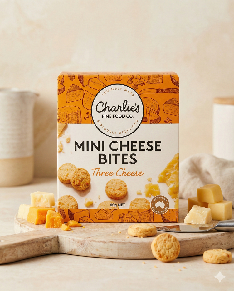 A box of Charlie’s Three Cheese Mini Cheese Bites rests on a wooden board, surrounded by cheese cubes and round crackers, set against a light, neutral backdrop.
