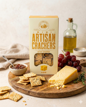 Valley Produce Company's Mini Artisan with Cheese is shown on a wooden board with cheese, red grapes, more crackers, a bowl of chutney and spoon, thyme sprig, and an olive oil bottle in the background.