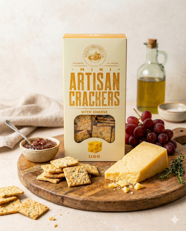 Valley Produce Company's Mini Artisan with Cheese is shown on a wooden board with cheese, red grapes, more crackers, a bowl of chutney and spoon, thyme sprig, and an olive oil bottle in the background.