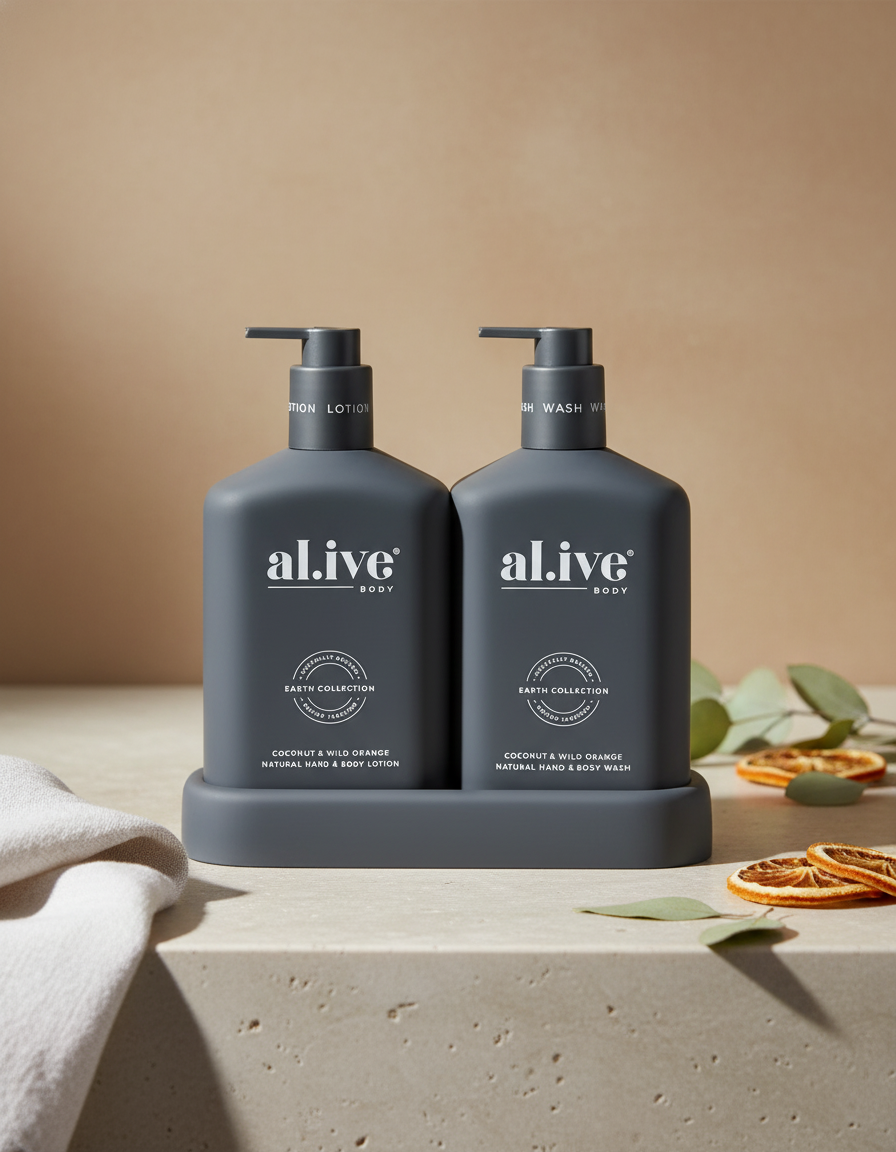 Two dark grey pump bottles of Alive Body’s Coconut and Wild Orange Duo (Wash and Lotion) sit on a matching tray atop a light stone surface, accented with dried orange slices, green leaves, and a soft beige background.