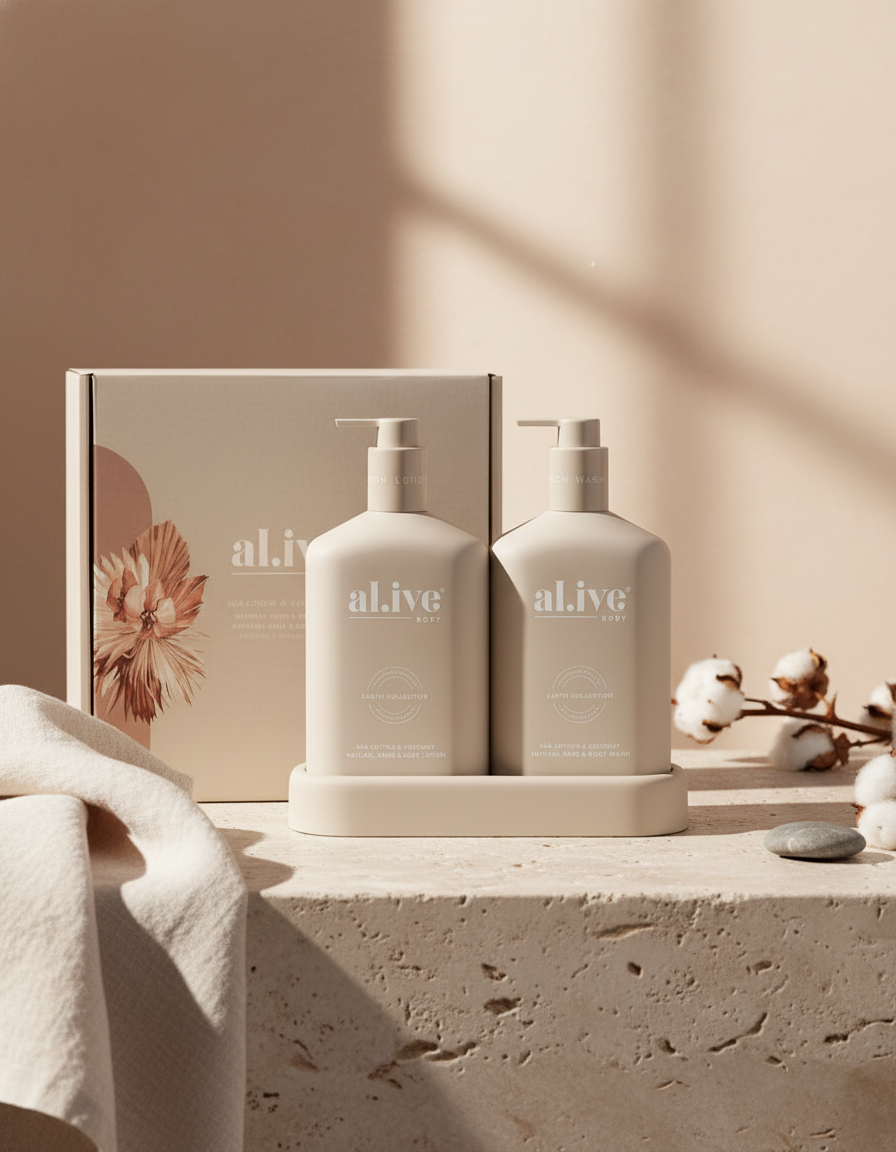 Two beige pump bottles of Alive Body’s Sea Cotton and Coconut Duo (Wash and Lotion) sit on a matching tray before a branded box, arranged on stone with cotton branches and soft sunlight creating warm shadows.