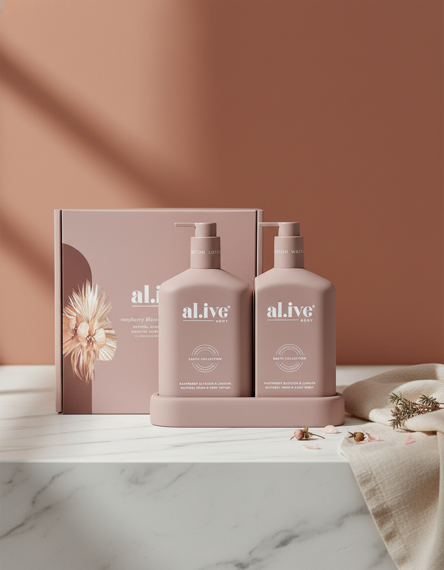 Two pink bottles of Alive Body's Raspberry Blossom and Juniper Duo wash and lotion rest on a matching tray in front of a gift box with dried flowers, all set on a marble surface against a pink background, with small blooms nearby on beige fabric.