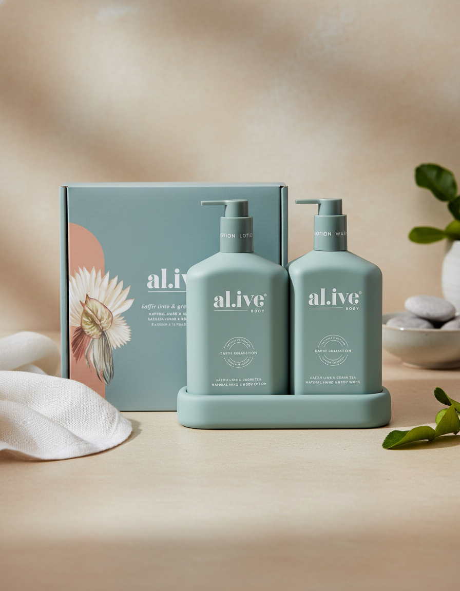 Two teal pump bottles of Alive Body’s Kaffir Lime and Green Tea Duo (Wash and Lotion) sit in a matching tray before a floral gift box. Smooth stones, green leaves, and a white cloth are set on a neutral surface.