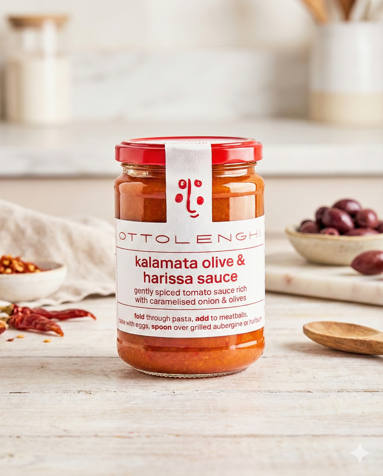A jar of Ottolenghi Kalamata Olives and Harissa Sauce rests on a kitchen counter, flanked by small bowls of olives and harissa, with kitchen utensils visible in the softly blurred background.