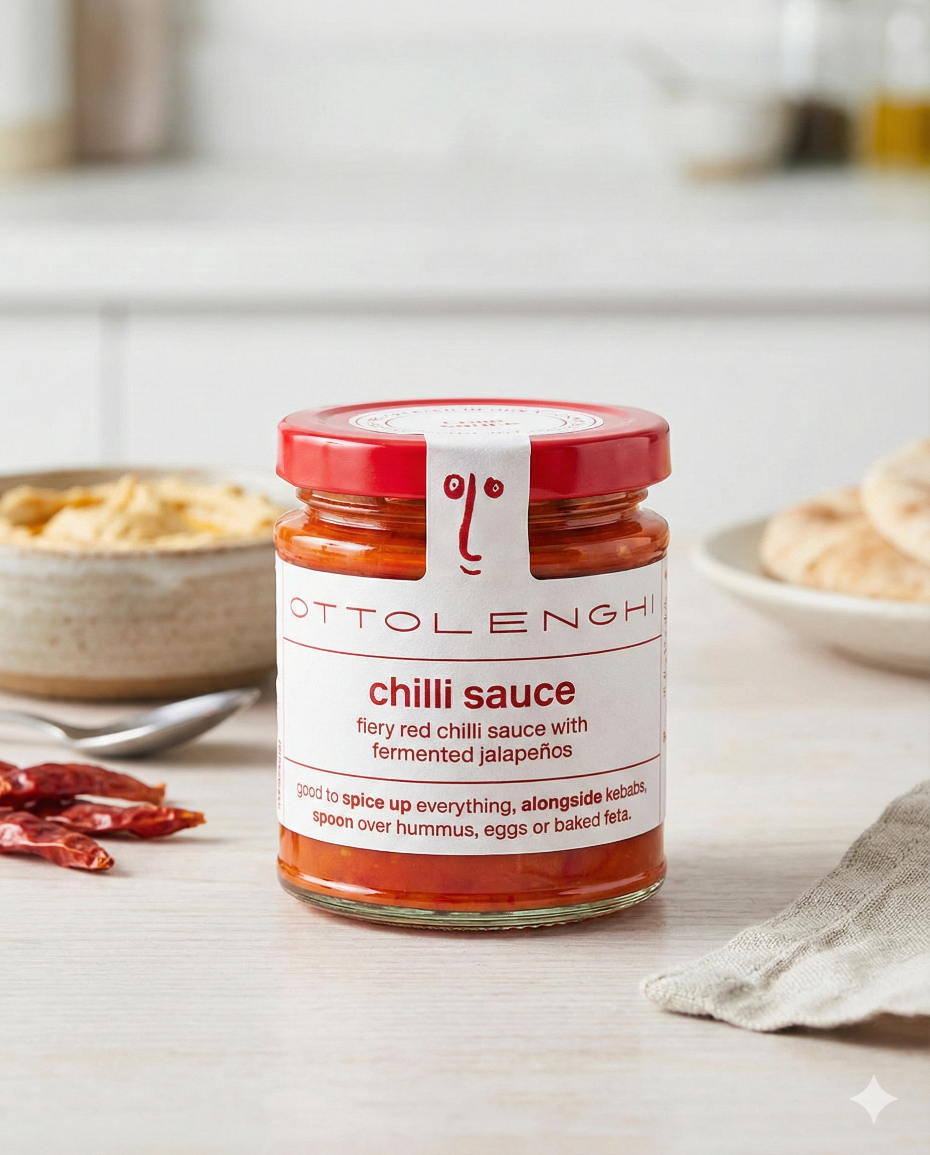 An Ottolenghi Chilli Sauce jar is on a table with hummus, flatbread, and dried chilies nearby. The label calls it a fiery red chilli sauce with fermented jalapeños.