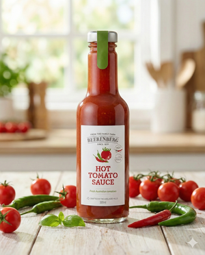 A bottle of Beerenberg Hot Tomato Sauce sits on a wooden surface with fresh red tomatoes, green and red chili peppers, and basil leaves around it. A bright, blurred window forms the background.