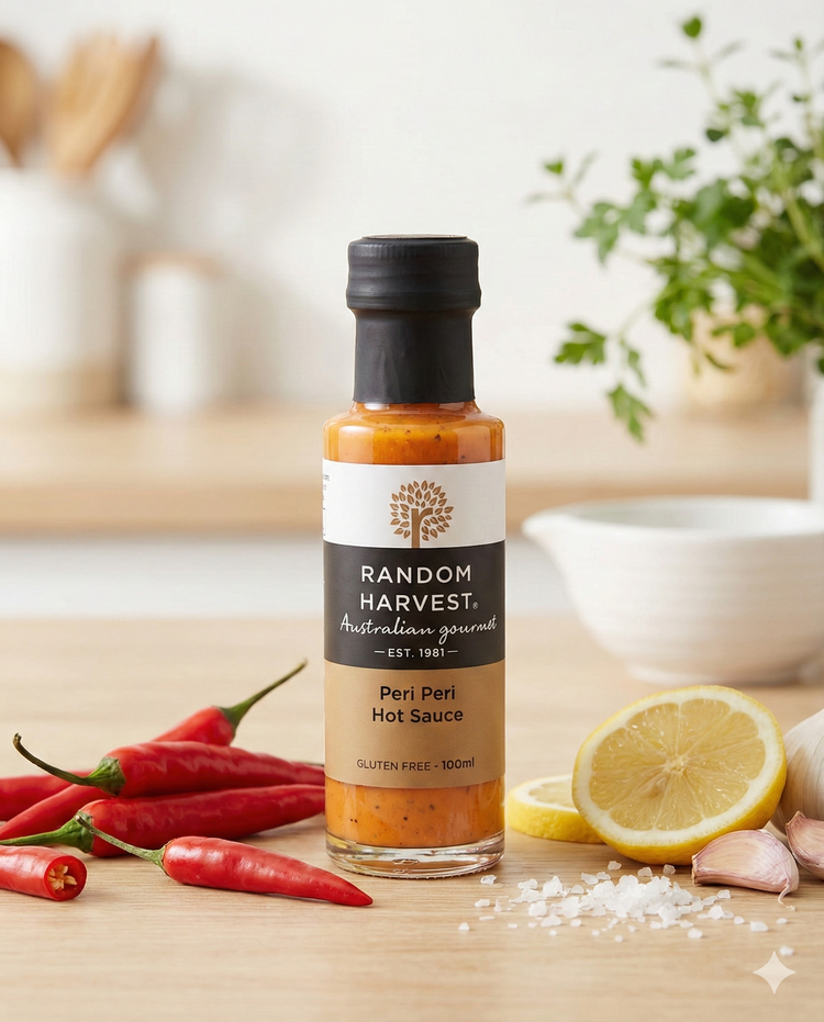 A bottle of Random Harvest Peri Peri Sauce rests on a wooden surface, surrounded by red chilies, lemon slices, garlic cloves, and coarse salt. A white bowl and a plant appear blurred in the background.