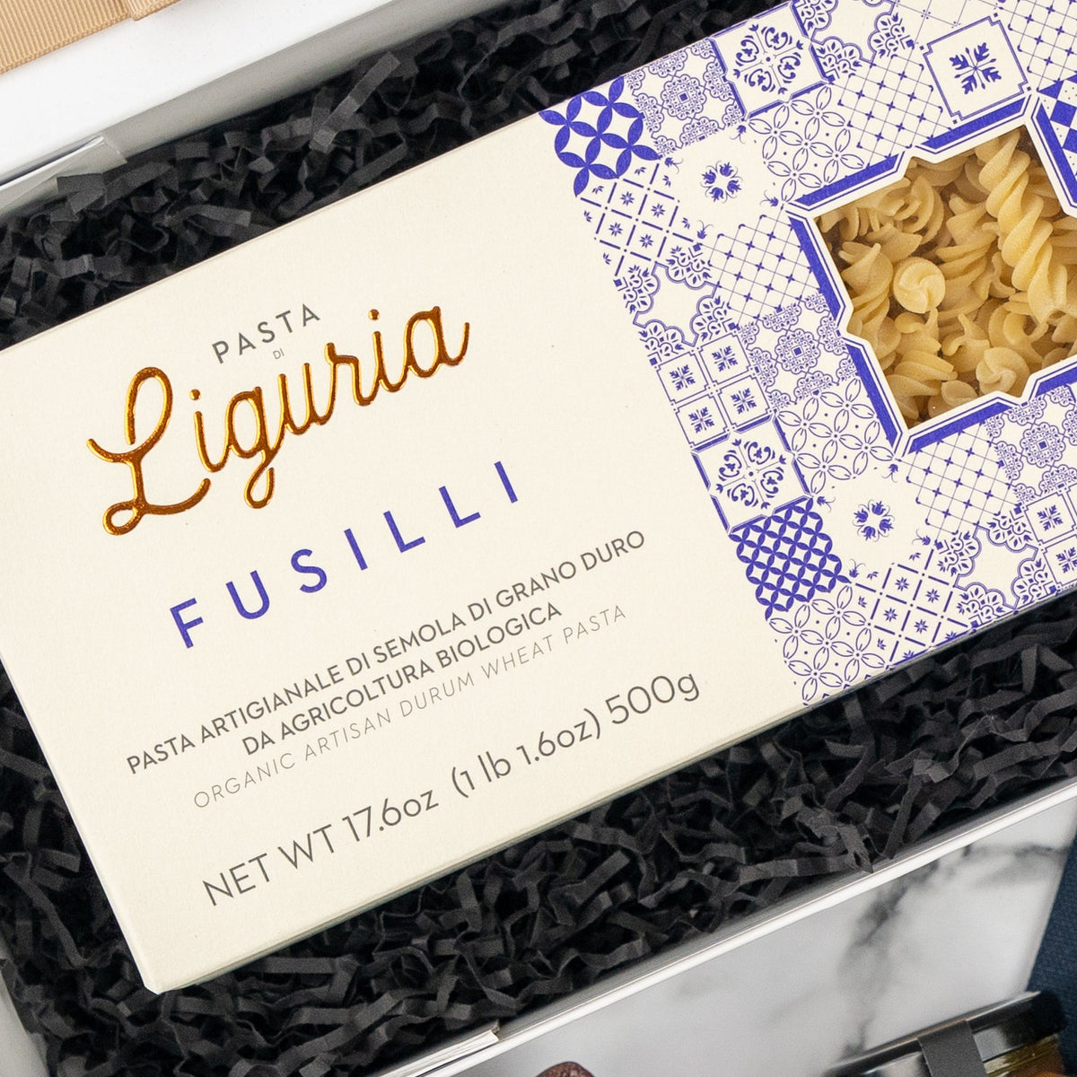 Cucina Essentials Hamper: Liguria Fusilli in a blue box with a window