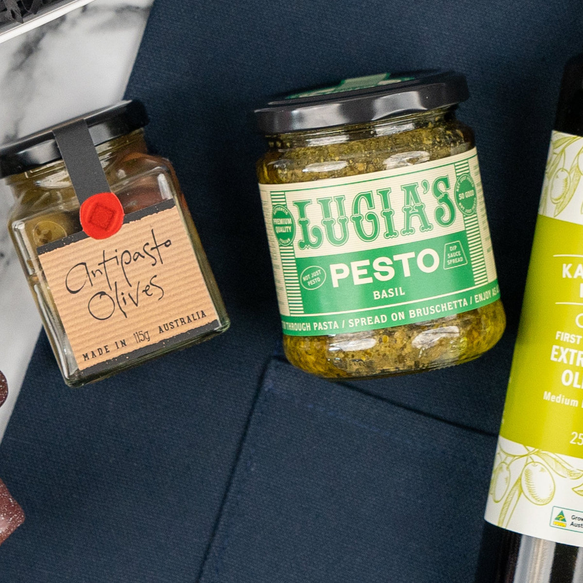 Cucina Essentials Hamper: antipasto olives, Lucia's basil pesto and extra virgin olive oil
