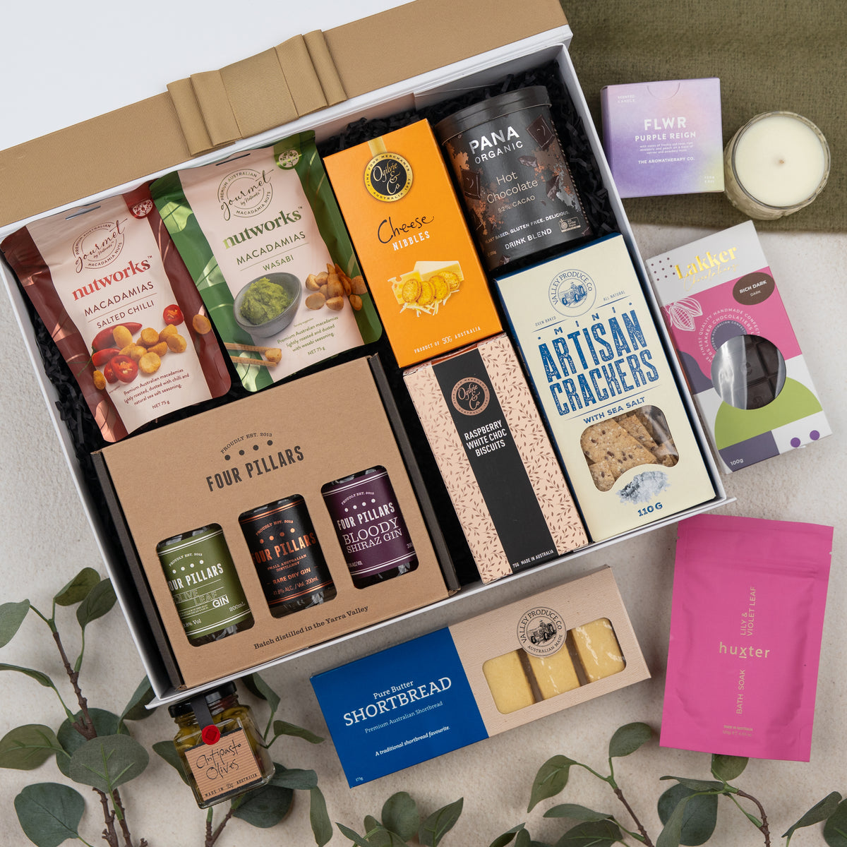Four Pillars Ultimate Gin Experience: crackers, shortbread, macadamias, Cheese Nibbles and a candle