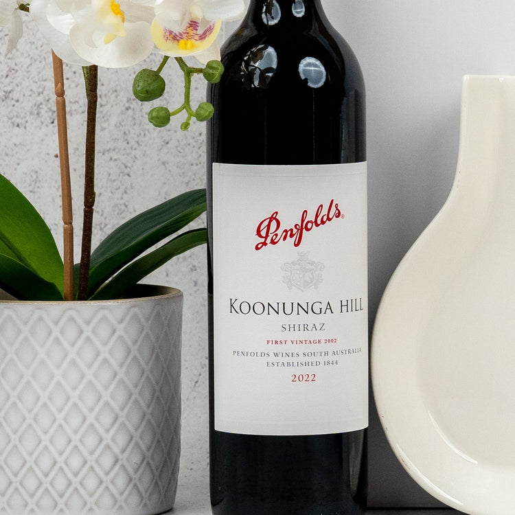 A Penfolds and Homeware set by The Hamper Boutique Co is displayed between a white textured plant pot with green leaves and flowers, and a cream ceramic vase, against a light background.