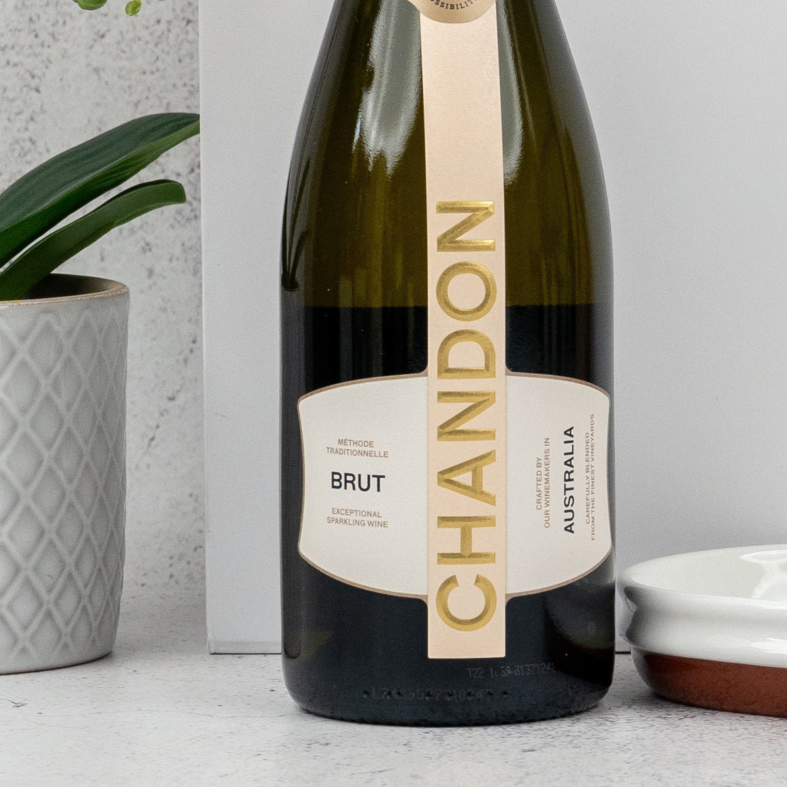 The Sparkling Celebration Hamper by The Hamper Boutique Co is displayed on a white surface beside a small potted plant and a white plate, set against a light gray background.