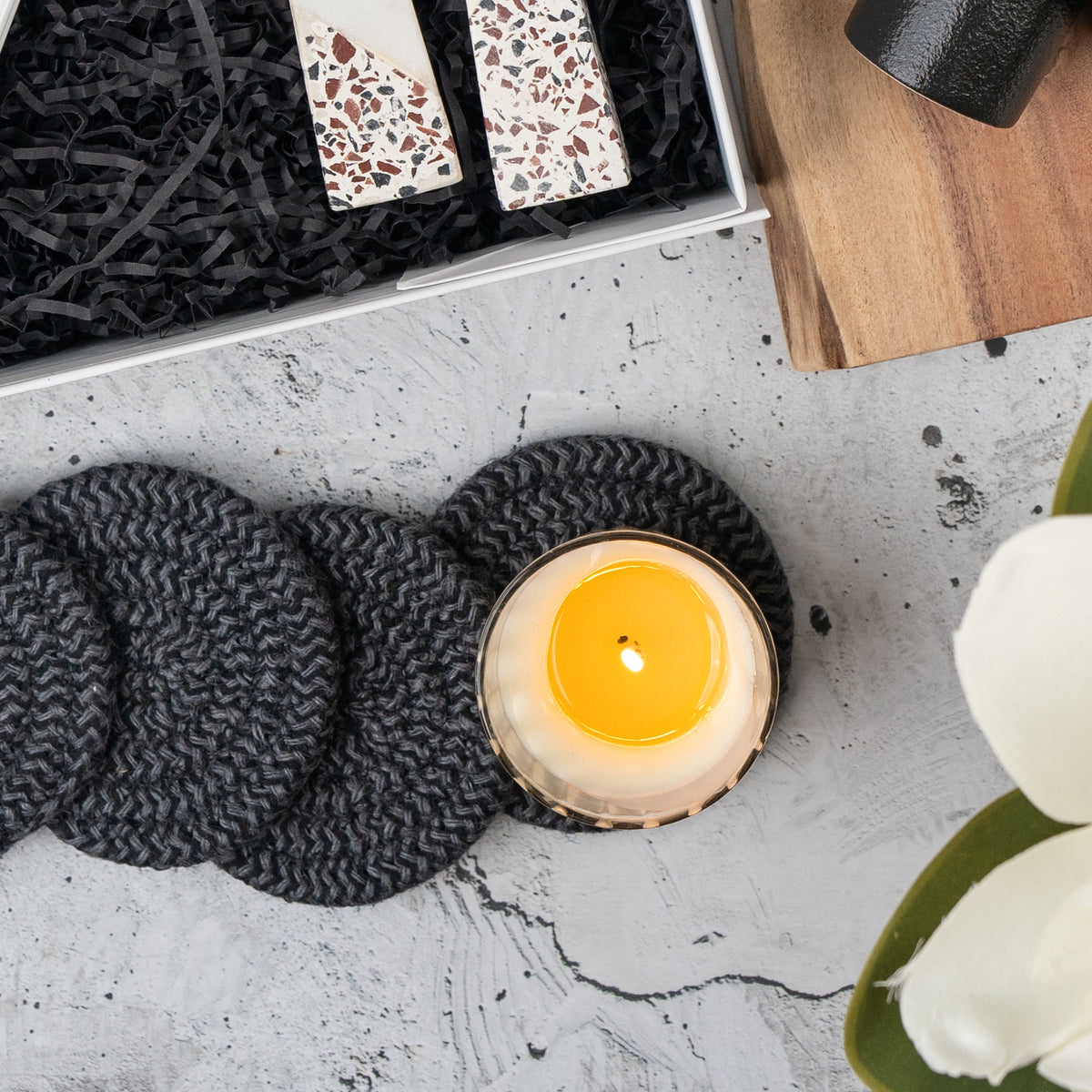 Luxe Homeware Hamper: black coasters, gift box and wooden serving board