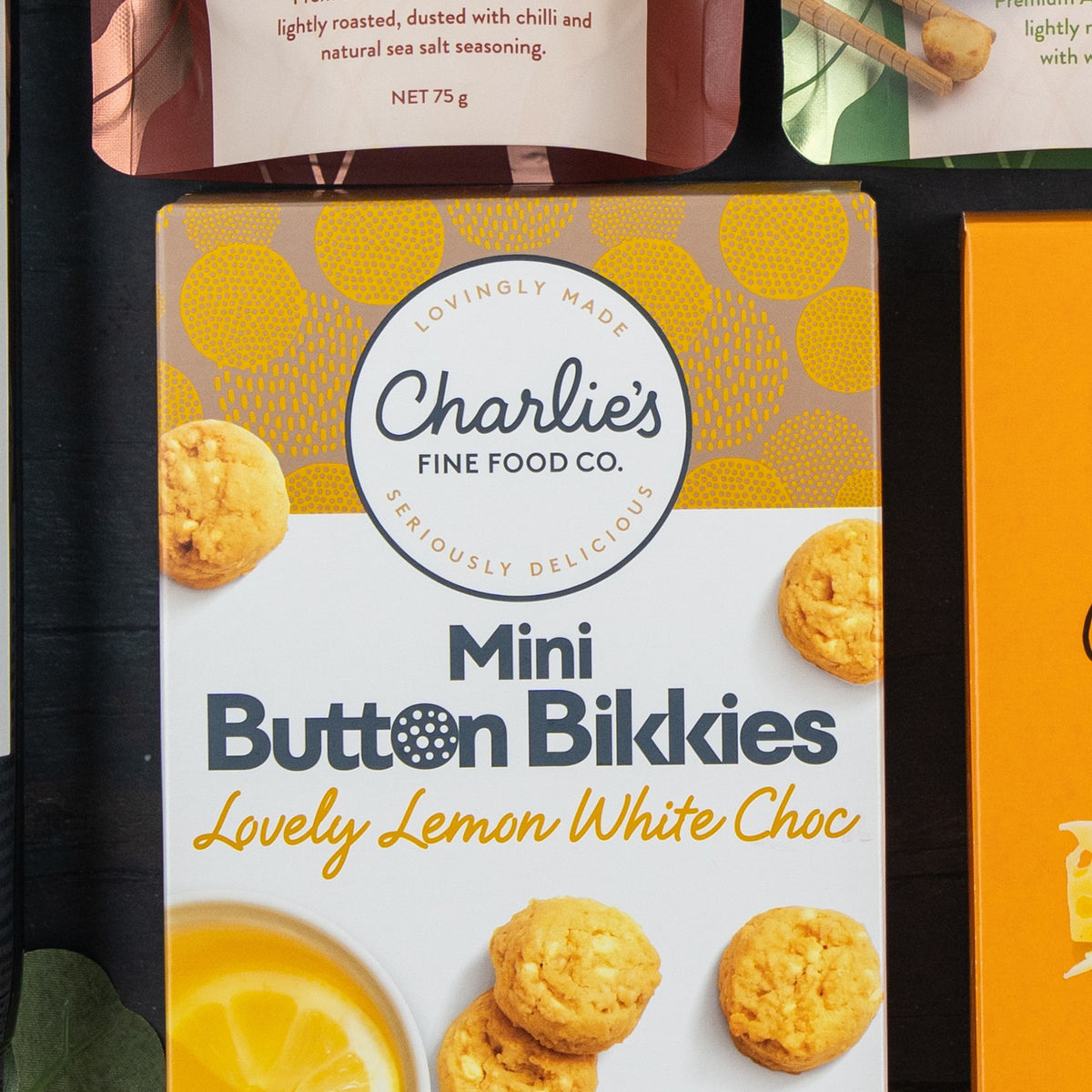 Festive Treats Gift Hamper: white and yellow box with round biscuits