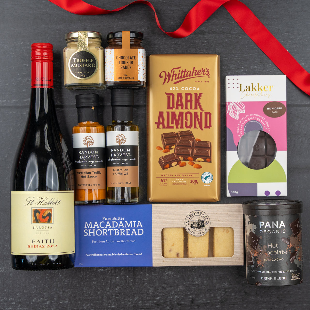 Luxury Indulgence Gift Hamper: wine, chocolate, shortbread, sauces, truffle mustard, hot chocolate