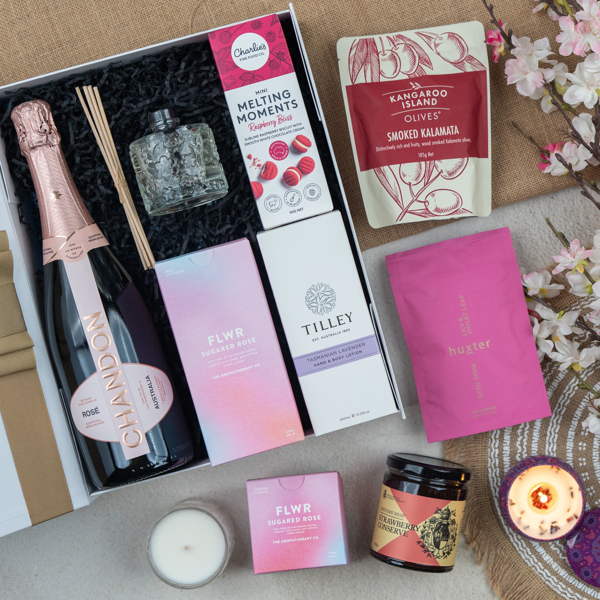 Chandon Connoisseur's Selection: Chandon Rosé, diffuser, candle, biscuits, olives and bath soak