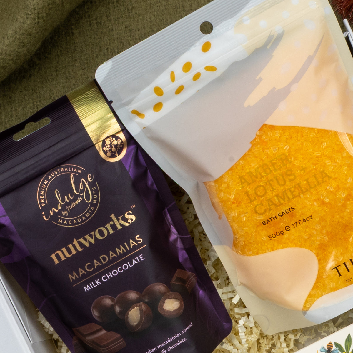 Wellness Home Entertaining Hamper: Nutworks milk chocolate macadamias and Tilley bath salts