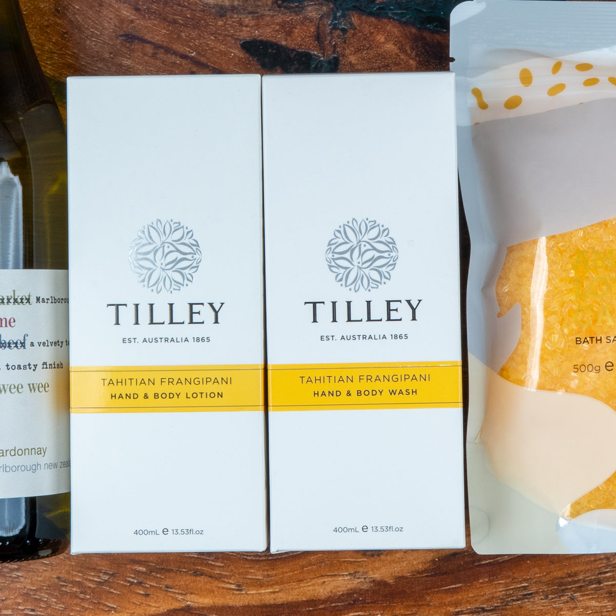 Chardonnay and Self-Care Essentials: two Tilley boxes, bath salts and the wine
