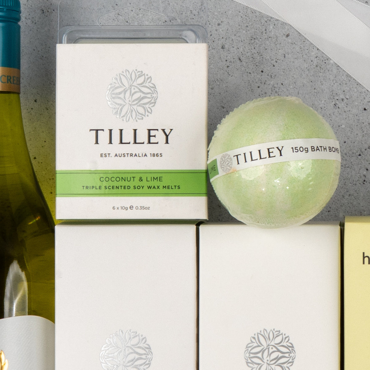 White Wine and Self-Care: Tilley Coconut and Lime soy melts, bath bomb and Chardonnay