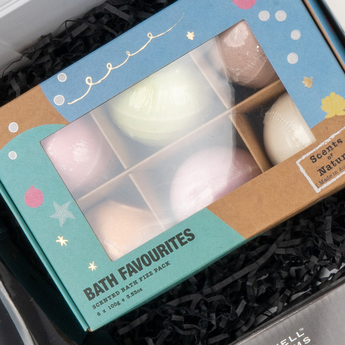 White Wine and Relaxation: six pastel bath fizzers in a windowed box