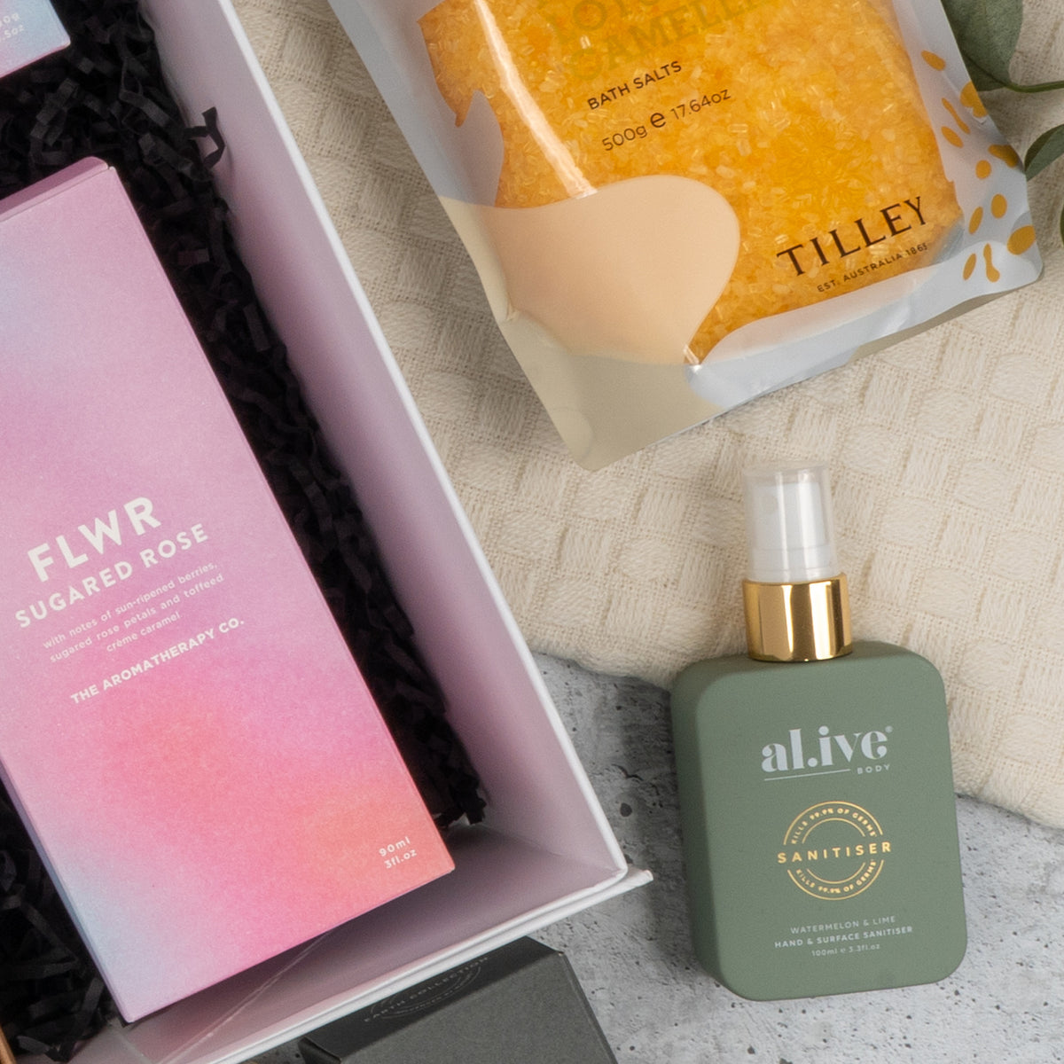 White Wine and Pamper: Flwr Sugared Rose, Tilley bath salts and Alive Body hand sanitiser