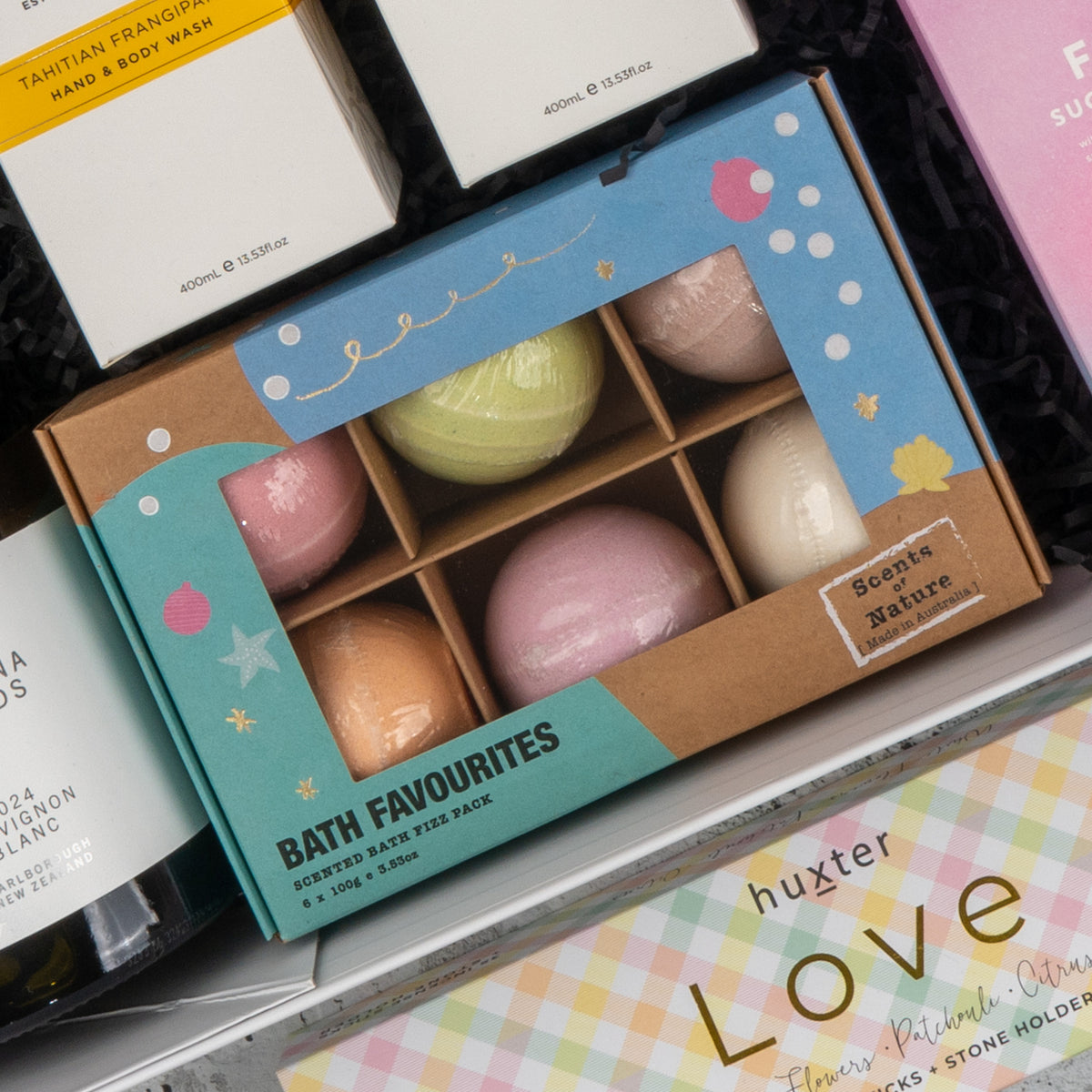 White Wine and Pamper: six Bath Favourites fizzers, white wine and other self-care items