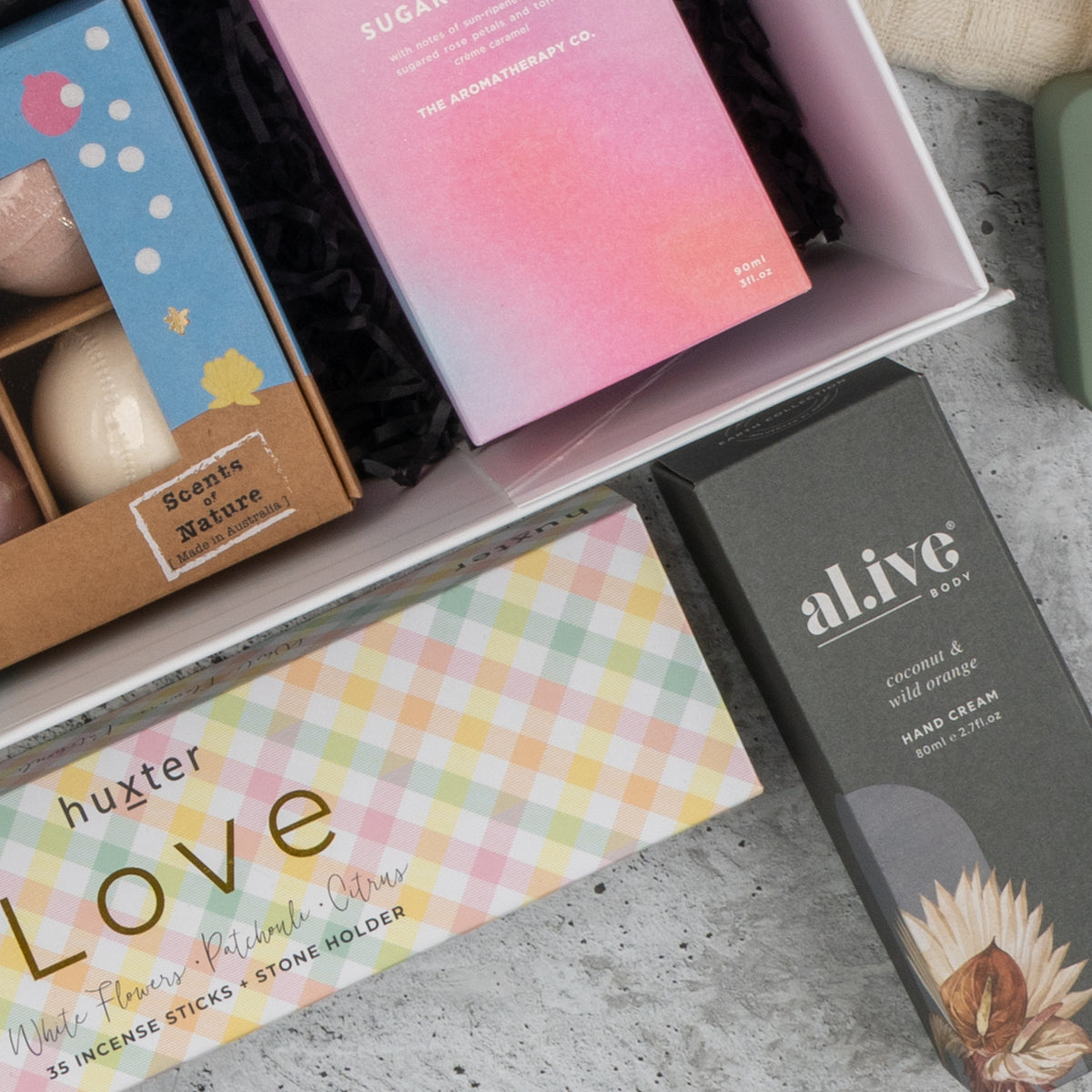 White Wine and Pamper: bath fizzers, Flwr Sugared Rose candle, incense and Alive Body hand cream