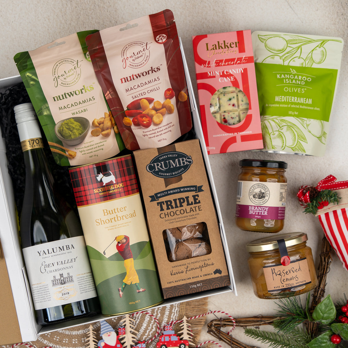 Gourmet Feast and White Wine: wine, nuts, olives, shortbread, chocolate biscuits and brandy butter