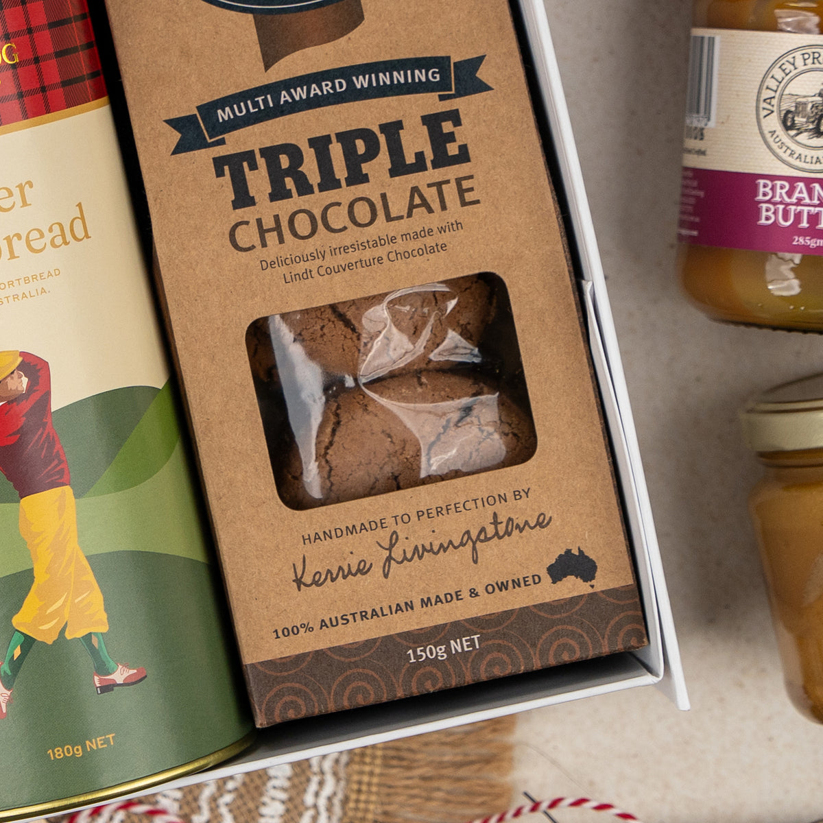 Gourmet Feast and White Wine: shortbread tin, triple chocolate biscuits, preserves and brandy butter